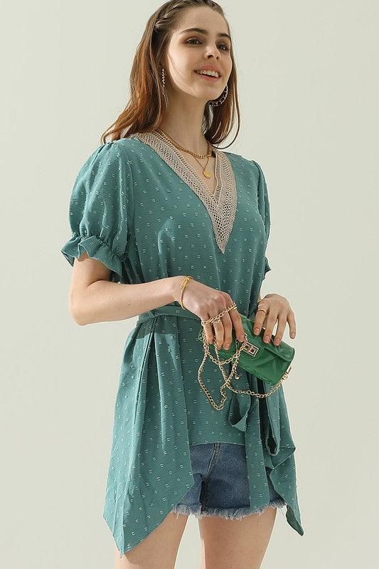 V NECK CHIFFON JARQUARD WAIST TIED BLOUSE - Doublju
