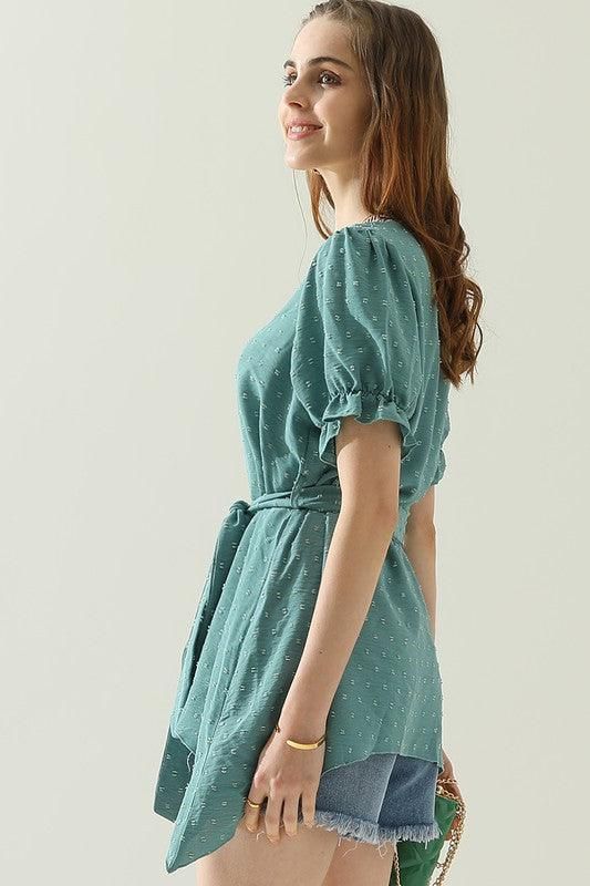 V NECK CHIFFON JARQUARD WAIST TIED BLOUSE - Doublju