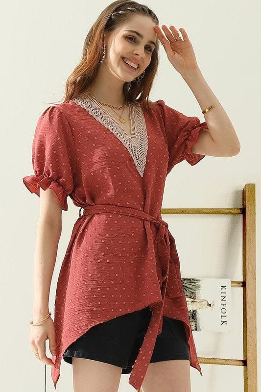 V NECK CHIFFON JARQUARD WAIST TIED BLOUSE - Doublju