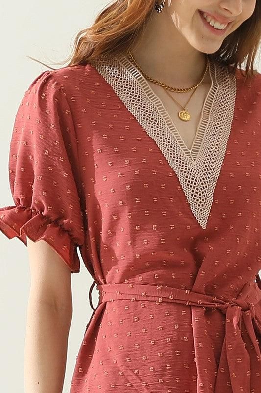 V NECK CHIFFON JARQUARD WAIST TIED BLOUSE - Doublju