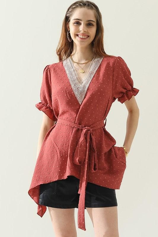 V NECK CHIFFON JARQUARD WAIST TIED BLOUSE - Doublju