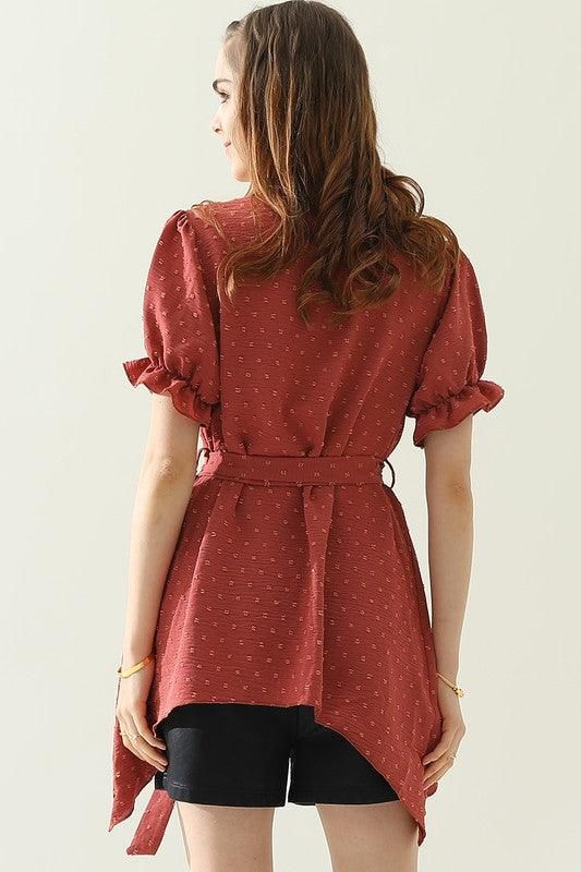 V NECK CHIFFON JARQUARD WAIST TIED BLOUSE - Doublju