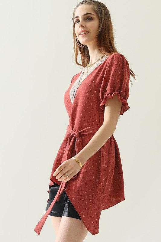 V NECK CHIFFON JARQUARD WAIST TIED BLOUSE - Doublju