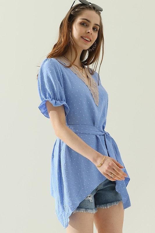 V NECK CHIFFON JARQUARD WAIST TIED BLOUSE - Doublju