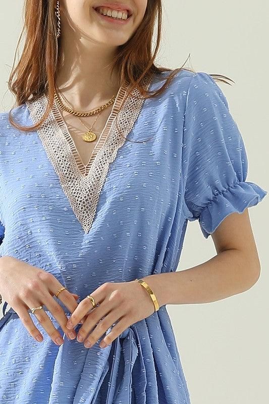 V NECK CHIFFON JARQUARD WAIST TIED BLOUSE - Doublju
