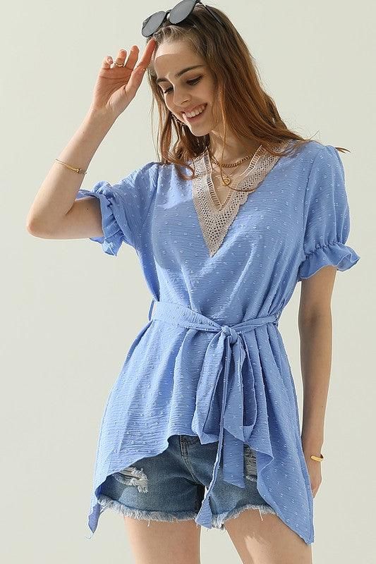 V NECK CHIFFON JARQUARD WAIST TIED BLOUSE - Doublju