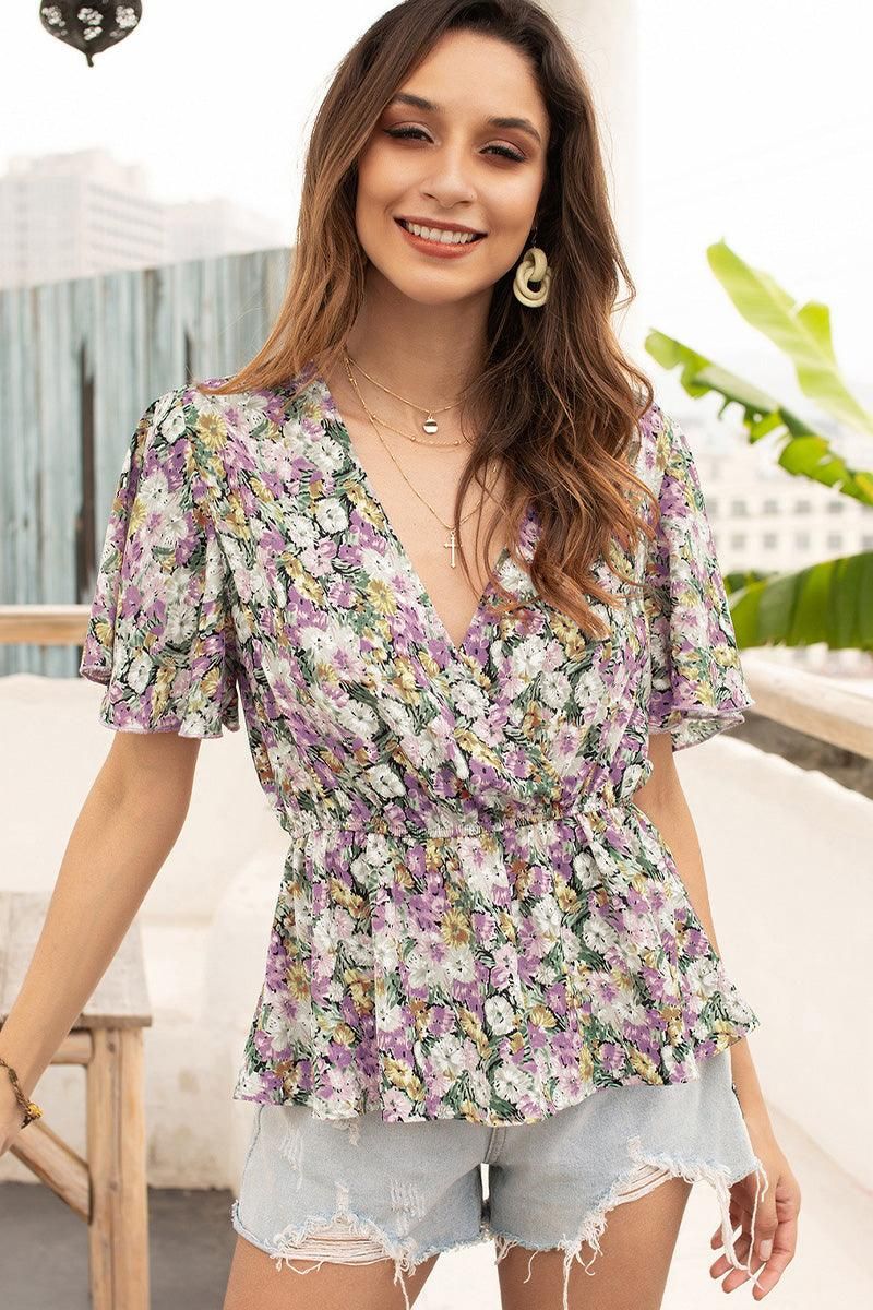 FLORAL V NECK TIGHTEN WAIST RUFFLE TOP - Doublju