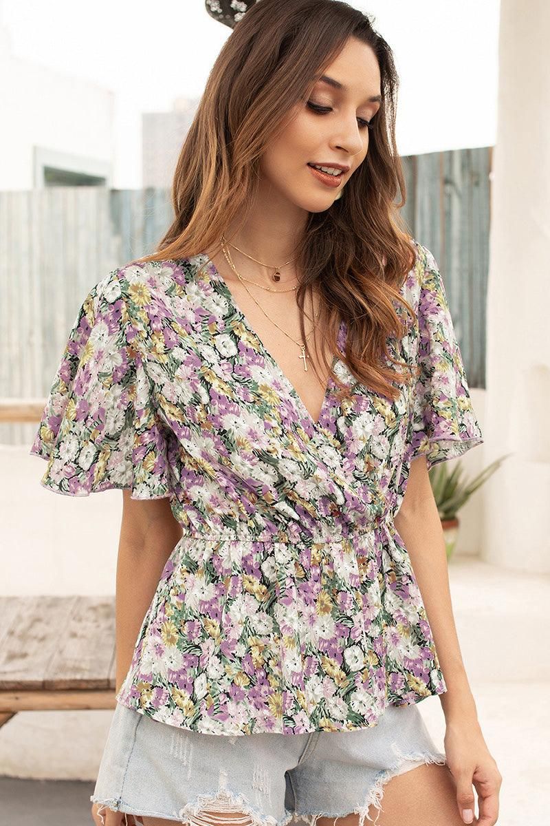 FLORAL V NECK TIGHTEN WAIST RUFFLE TOP - Doublju