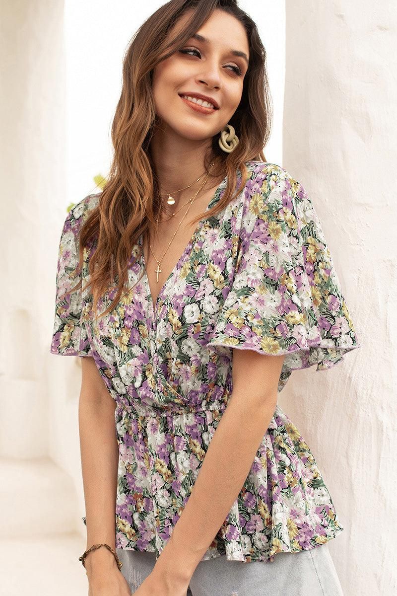 FLORAL V NECK TIGHTEN WAIST RUFFLE TOP - Doublju