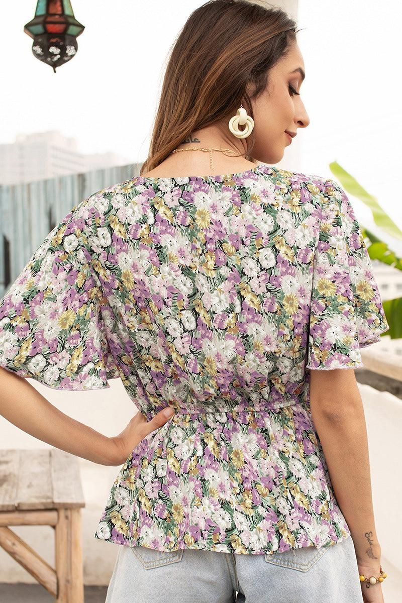 FLORAL V NECK TIGHTEN WAIST RUFFLE TOP - Doublju
