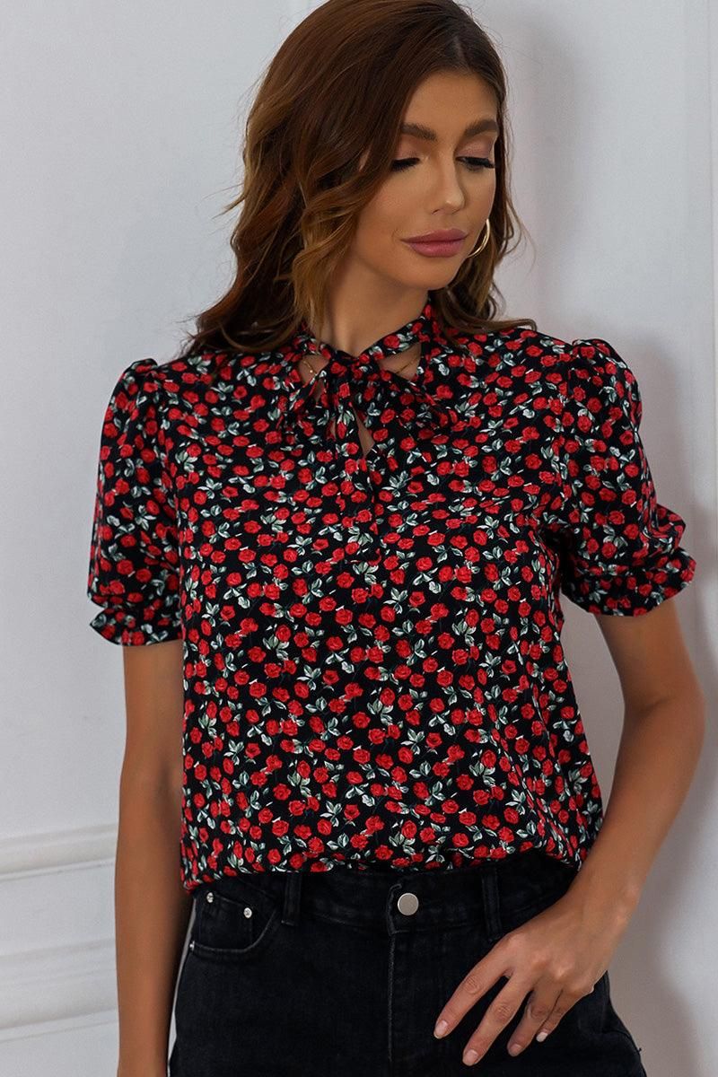 ROSE PATTERN PUFF SLEEVE TIED NECK BLOUSE - Doublju