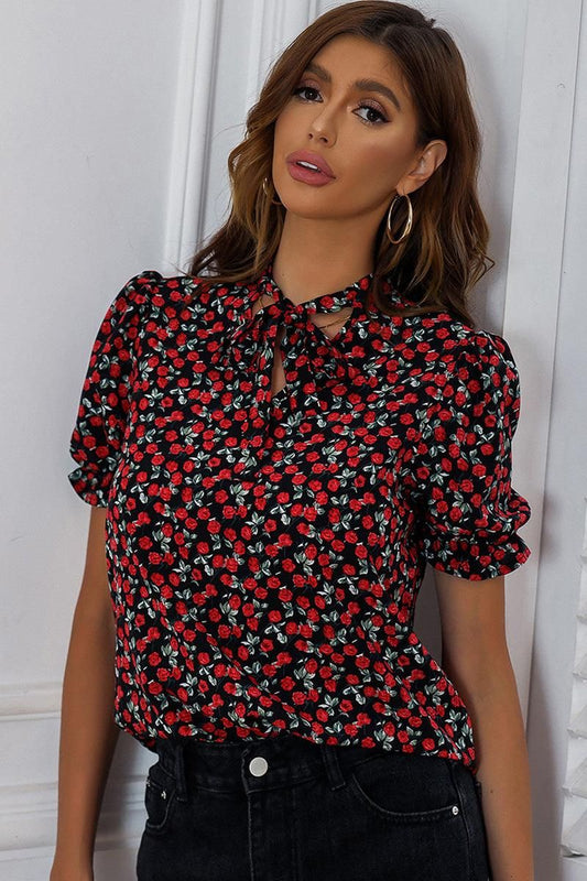 ROSE PATTERN PUFF SLEEVE TIED NECK BLOUSE - Doublju