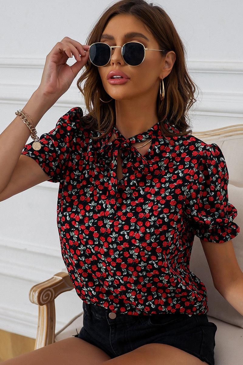 ROSE PATTERN PUFF SLEEVE TIED NECK BLOUSE - Doublju