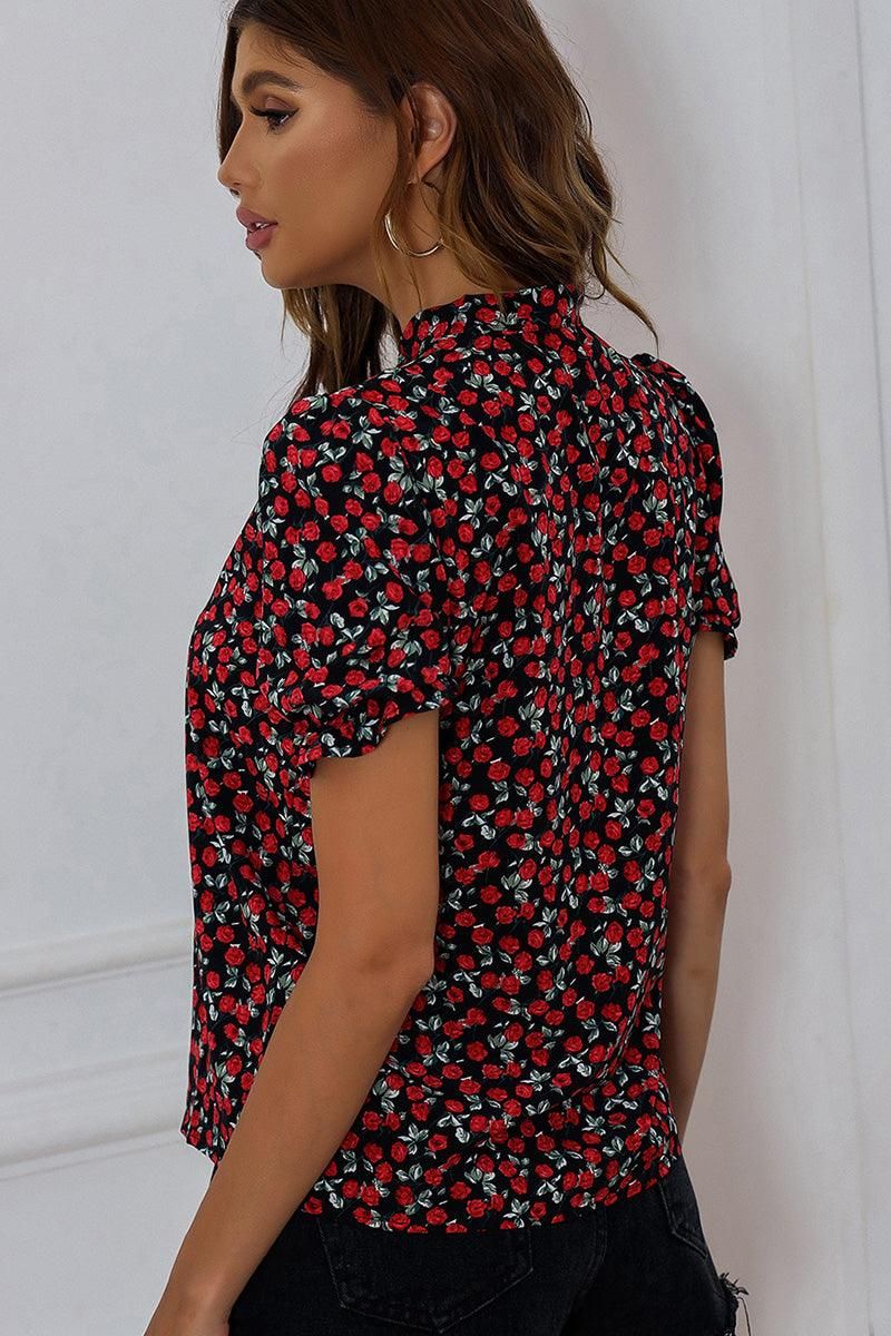 ROSE PATTERN PUFF SLEEVE TIED NECK BLOUSE - Doublju