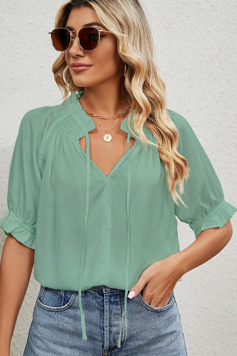 LACE TIED NECK PRINCESS SLEEVES CHIFFON BLOUSE - Doublju