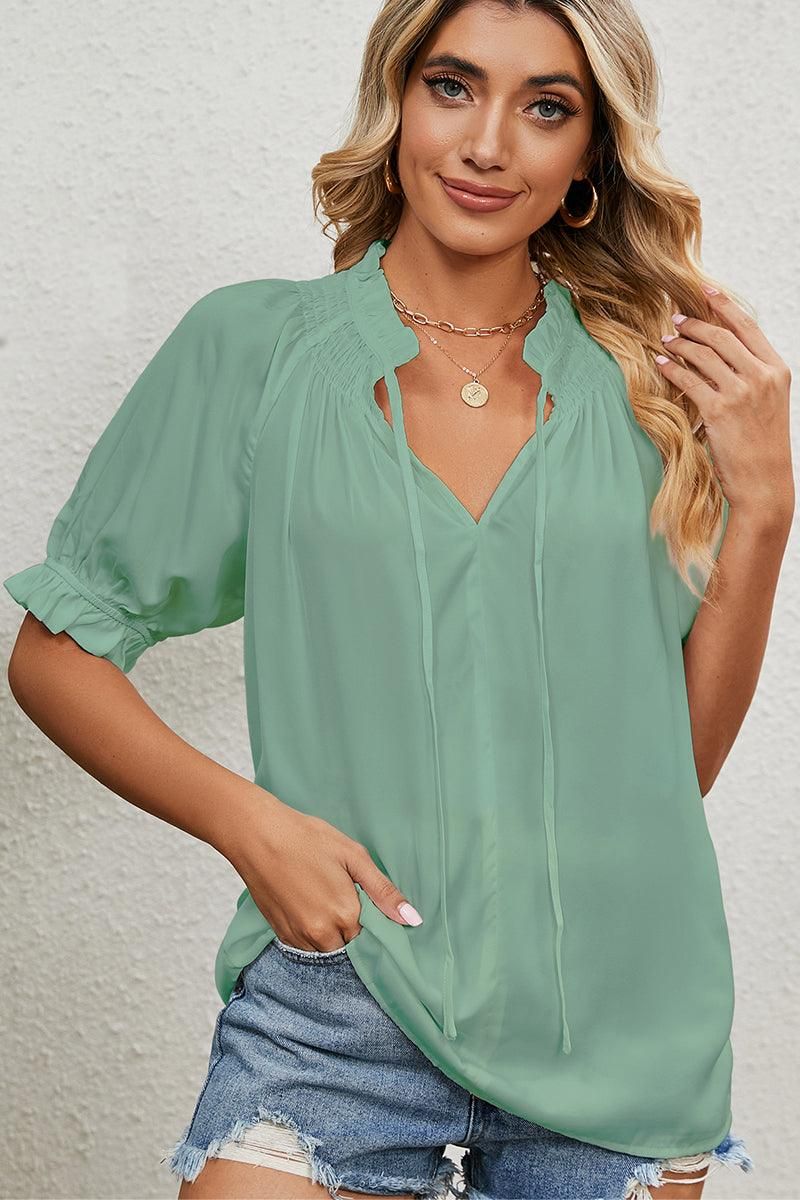 LACE TIED NECK PRINCESS SLEEVES CHIFFON BLOUSE - Doublju