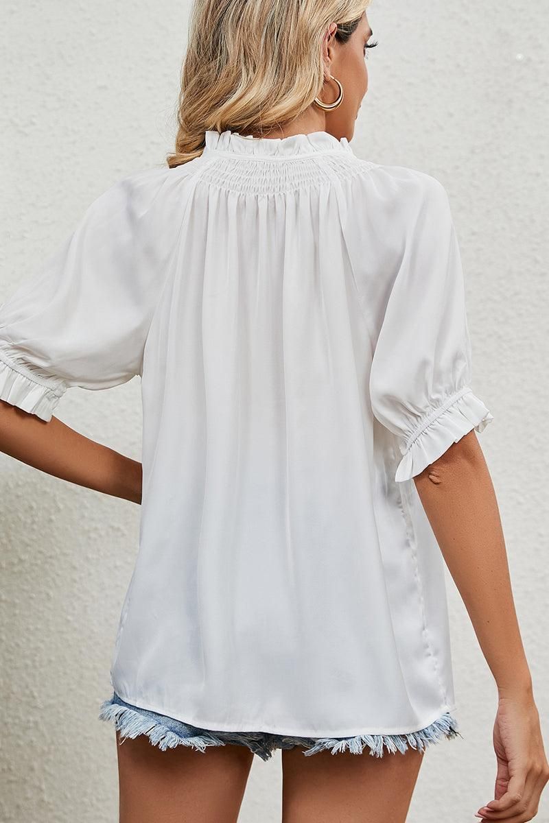 LACE TIED NECK PRINCESS SLEEVES CHIFFON BLOUSE - Doublju