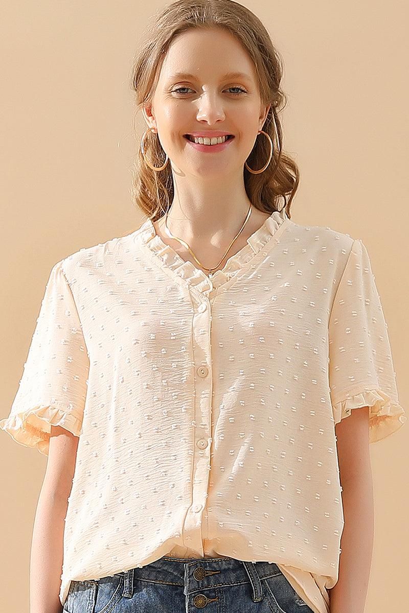 LACE V NECK PRINCESS SLEEVES CHIFFON DOT BLOUSE - Doublju