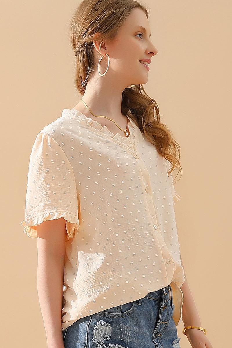 LACE V NECK PRINCESS SLEEVES CHIFFON DOT BLOUSE - Doublju