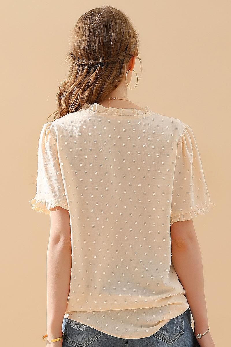 LACE V NECK PRINCESS SLEEVES CHIFFON DOT BLOUSE - Doublju