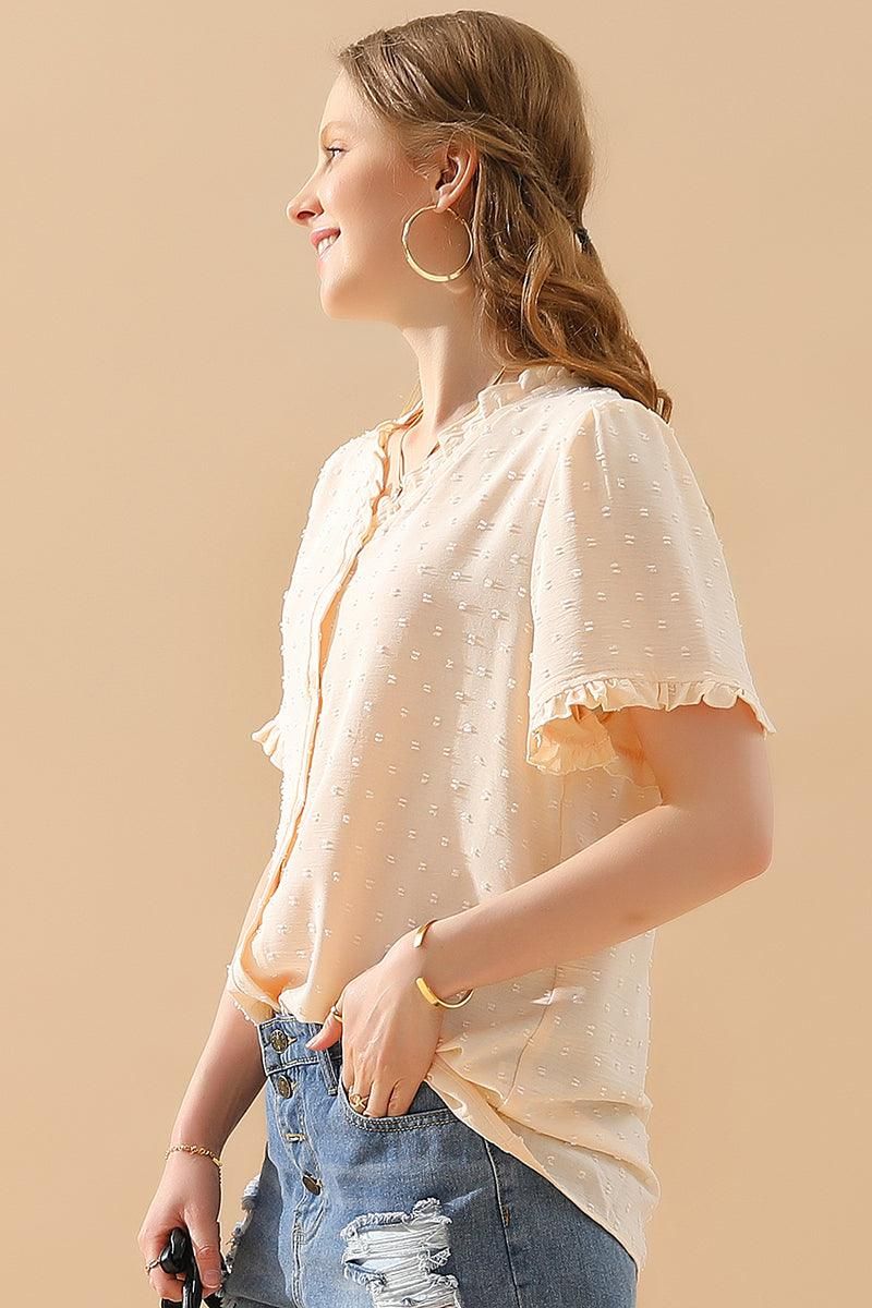 LACE V NECK PRINCESS SLEEVES CHIFFON DOT BLOUSE - Doublju