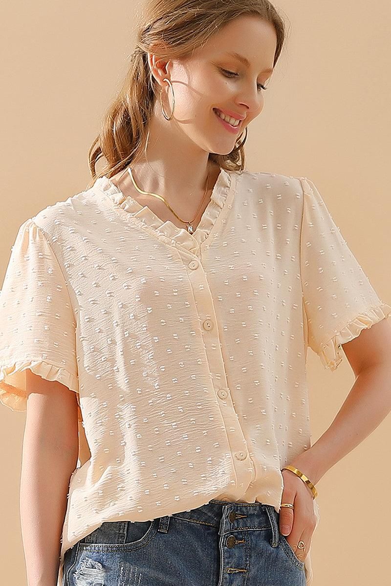 LACE V NECK PRINCESS SLEEVES CHIFFON DOT BLOUSE - Doublju