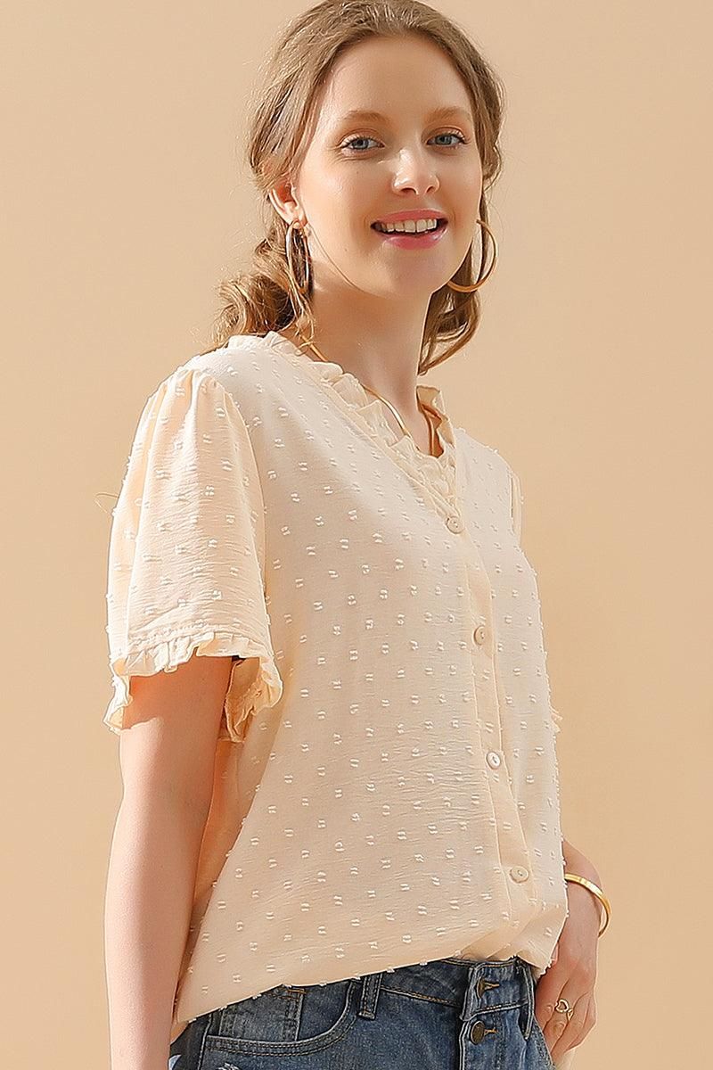 LACE V NECK PRINCESS SLEEVES CHIFFON DOT BLOUSE - Doublju