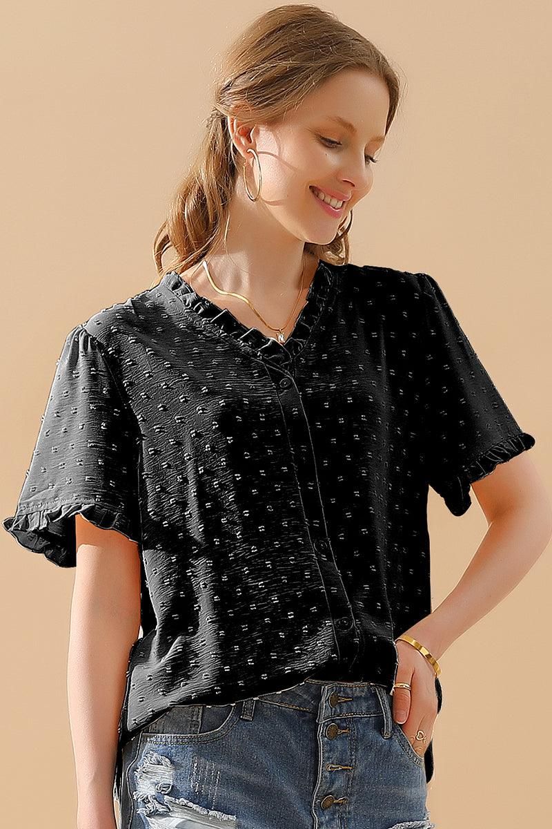 LACE V NECK PRINCESS SLEEVES CHIFFON DOT BLOUSE - Doublju