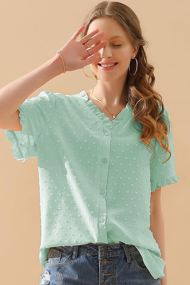 LACE V NECK PRINCESS SLEEVES CHIFFON DOT BLOUSE - Doublju