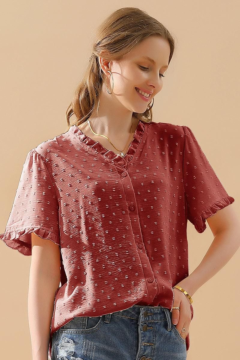 LACE V NECK PRINCESS SLEEVES CHIFFON DOT BLOUSE - Doublju