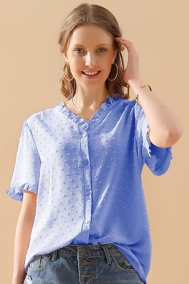 LACE V NECK PRINCESS SLEEVES CHIFFON DOT BLOUSE - Doublju