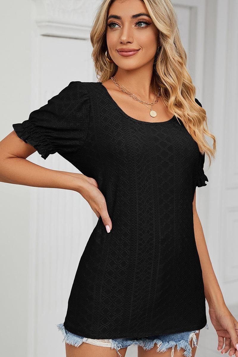 PUNCHING LACE LOUND NECK PRINCESS SLEEVES TOP - Doublju