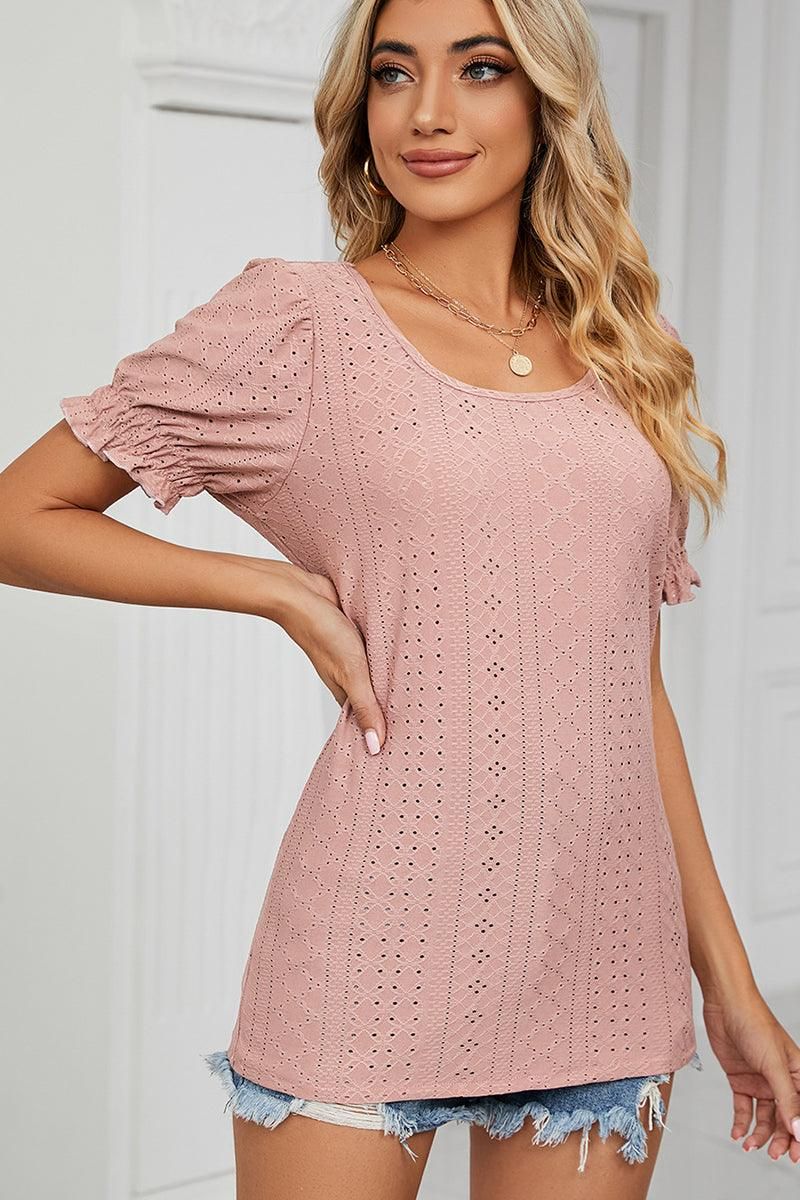 PUNCHING LACE LOUND NECK PRINCESS SLEEVES TOP - Doublju