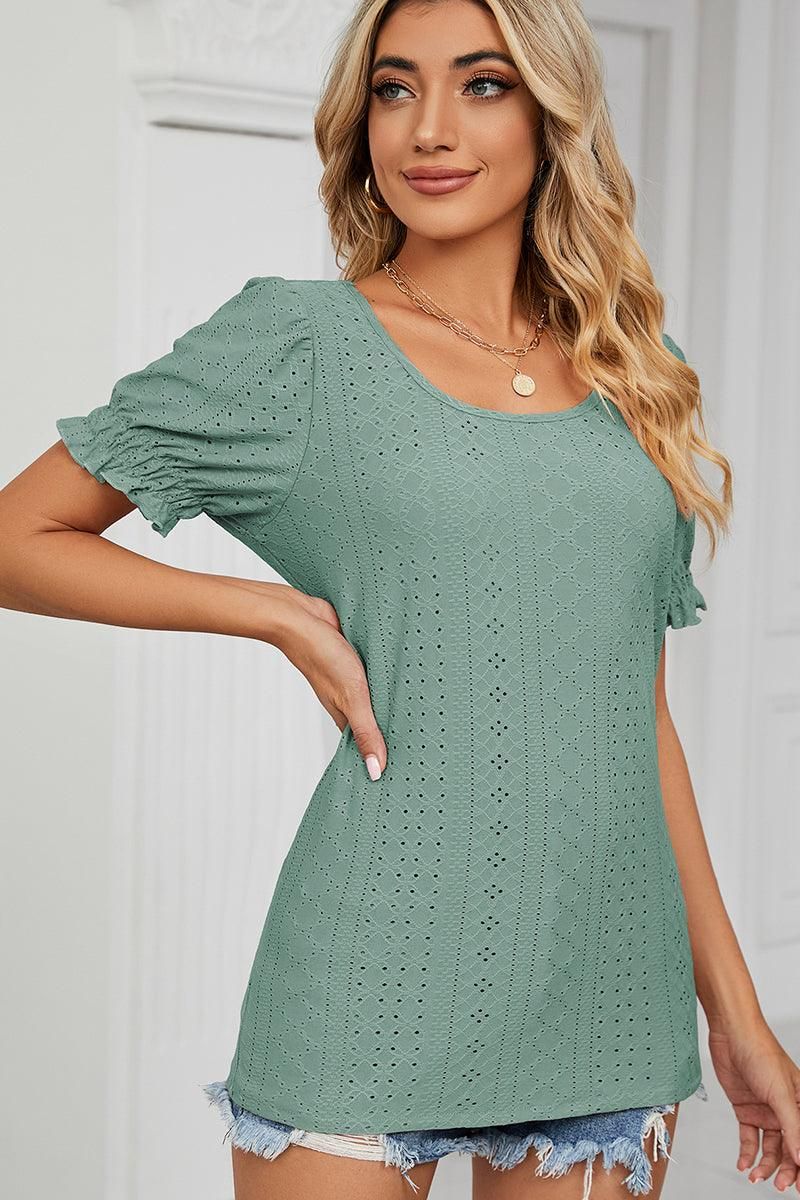 PUNCHING LACE LOUND NECK PRINCESS SLEEVES TOP - Doublju