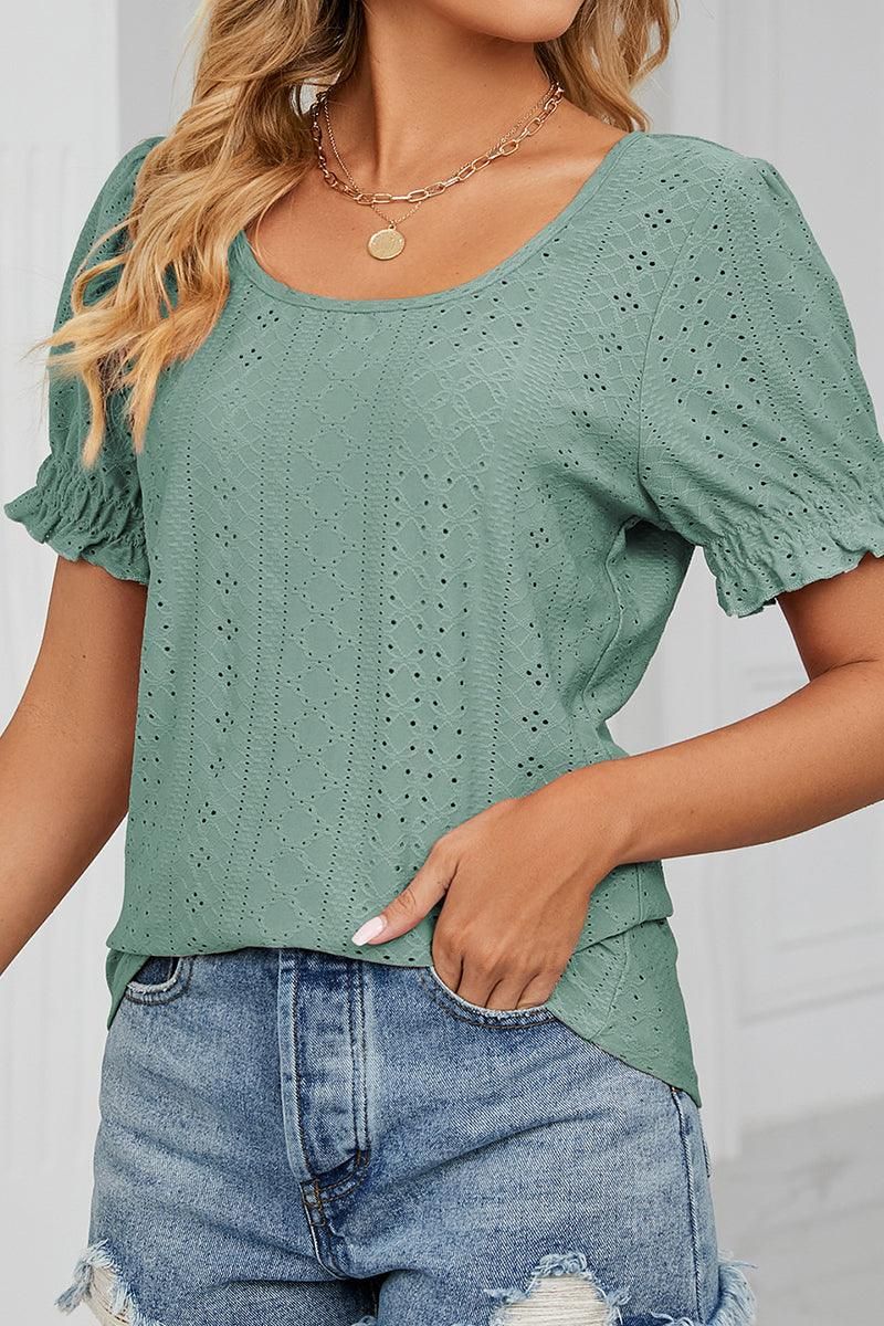 PUNCHING LACE LOUND NECK PRINCESS SLEEVES TOP - Doublju