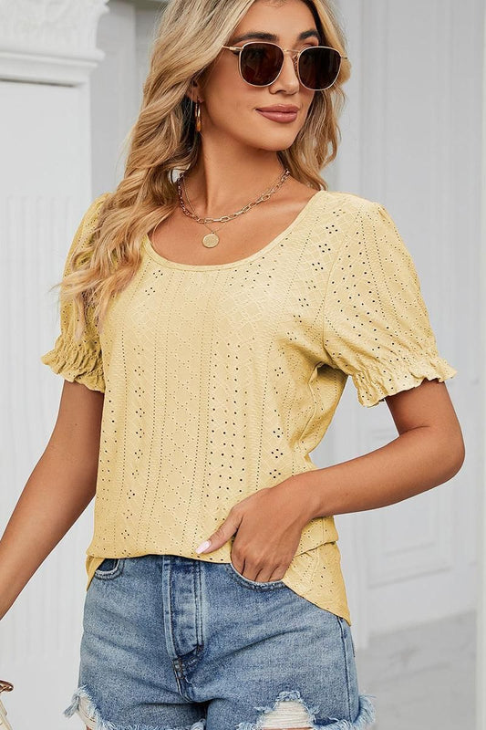 PUNCHING LACE LOUND NECK PRINCESS SLEEVES TOP - Doublju