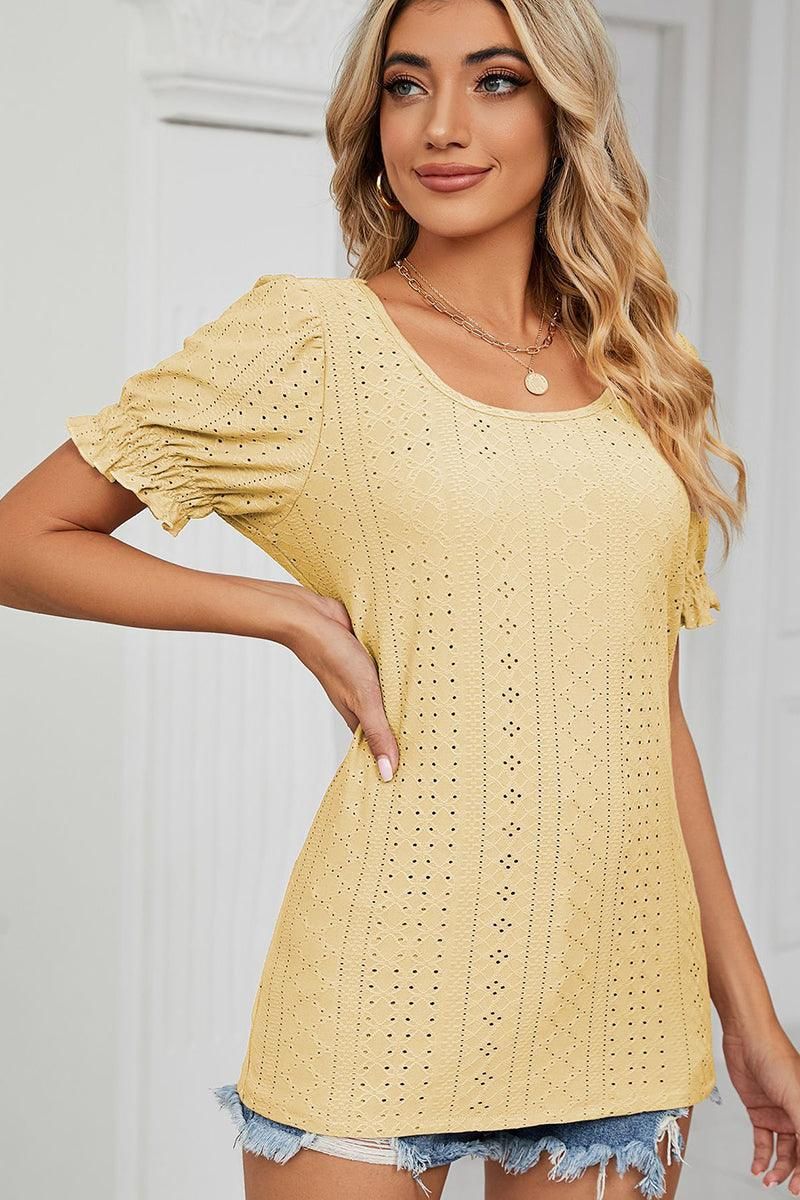 PUNCHING LACE LOUND NECK PRINCESS SLEEVES TOP - Doublju