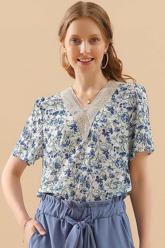 FLORAL V LACE POINT NECK CHIFFON BLOUSE - Doublju
