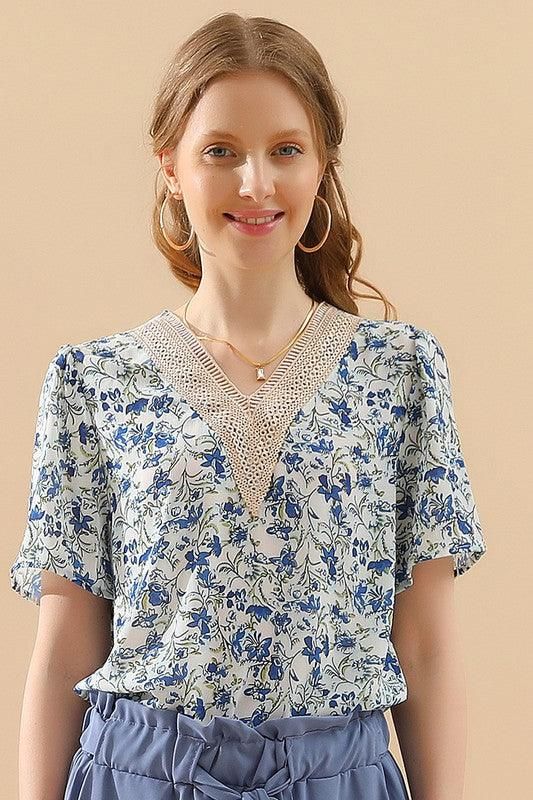 FLORAL V LACE POINT NECK CHIFFON BLOUSE - Doublju