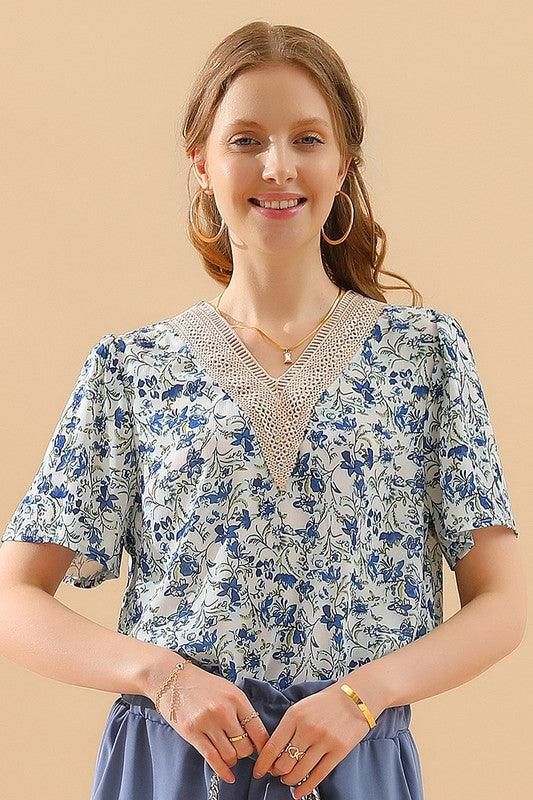 FLORAL V LACE POINT NECK CHIFFON BLOUSE - Doublju