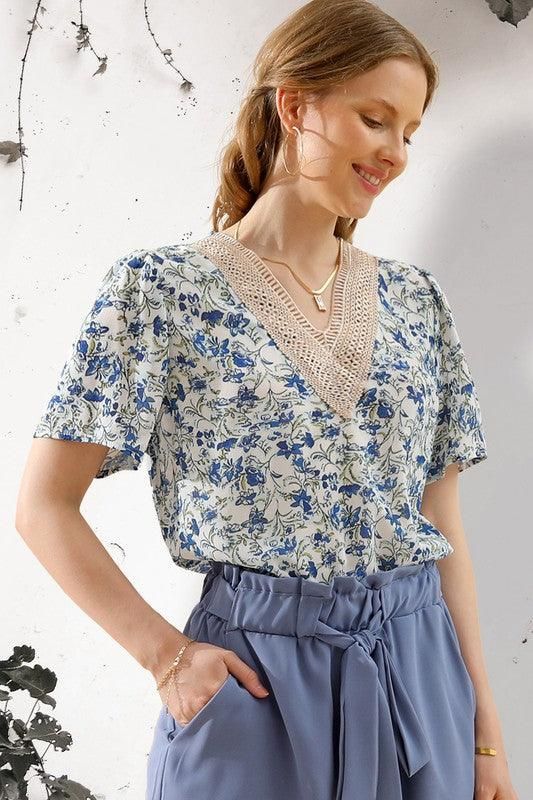 FLORAL V LACE POINT NECK CHIFFON BLOUSE - Doublju