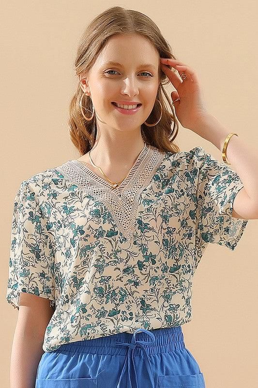 FLORAL V LACE POINT NECK CHIFFON BLOUSE - Doublju