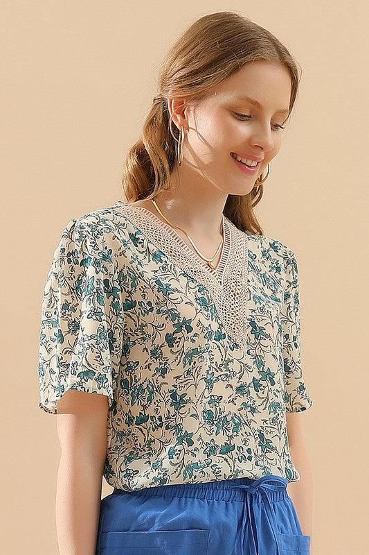 FLORAL V LACE POINT NECK CHIFFON BLOUSE - Doublju