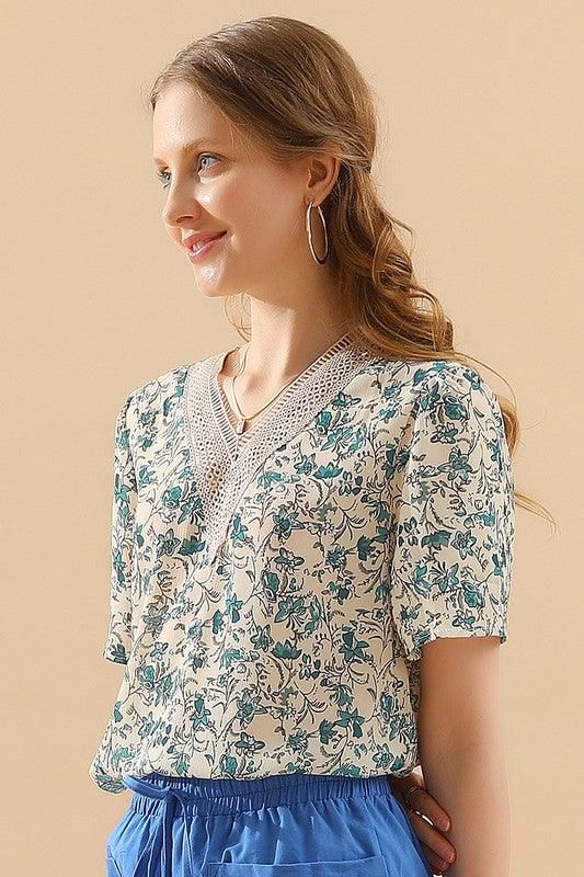 FLORAL V LACE POINT NECK CHIFFON BLOUSE - Doublju