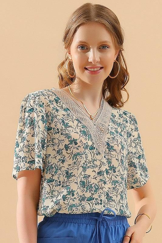 FLORAL V LACE POINT NECK CHIFFON BLOUSE - Doublju