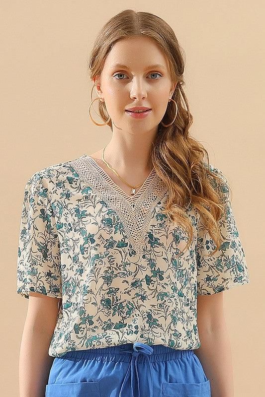 FLORAL V LACE POINT NECK CHIFFON BLOUSE - Doublju