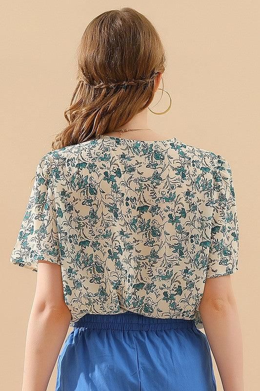 FLORAL V LACE POINT NECK CHIFFON BLOUSE - Doublju