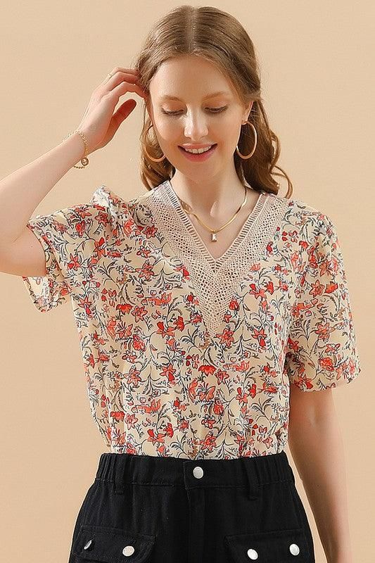 FLORAL V LACE POINT NECK CHIFFON BLOUSE - Doublju