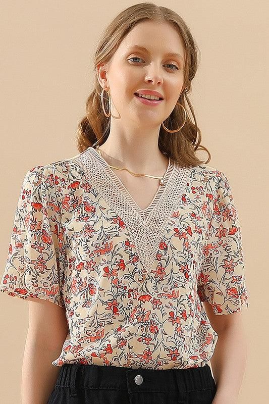 FLORAL V LACE POINT NECK CHIFFON BLOUSE - Doublju