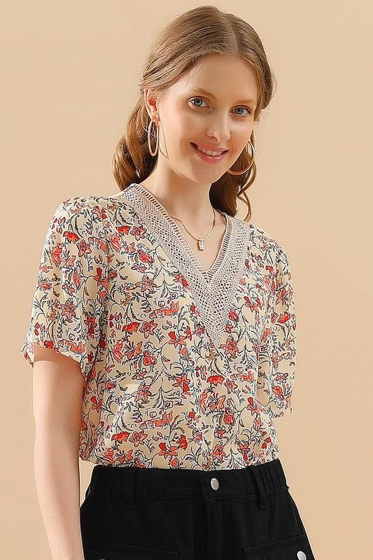 FLORAL V LACE POINT NECK CHIFFON BLOUSE - Doublju